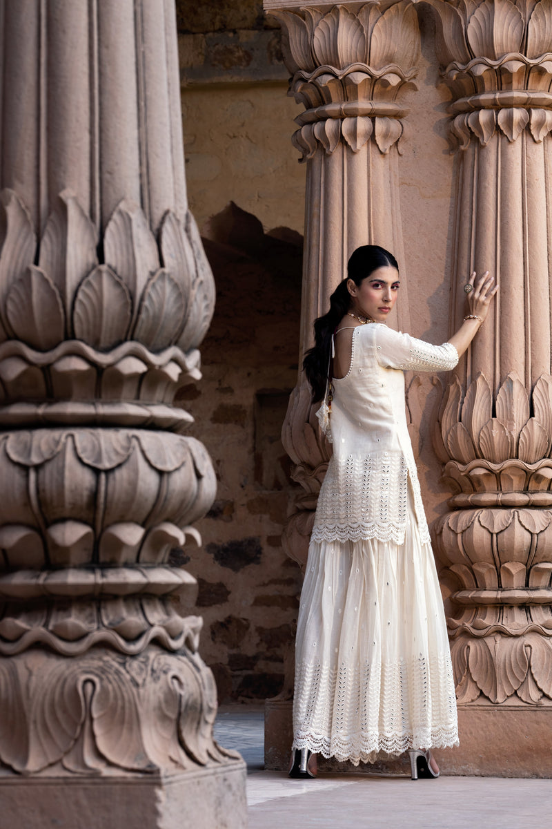 Off White Satin Floral Sharara Suit – Lashkaraa India
